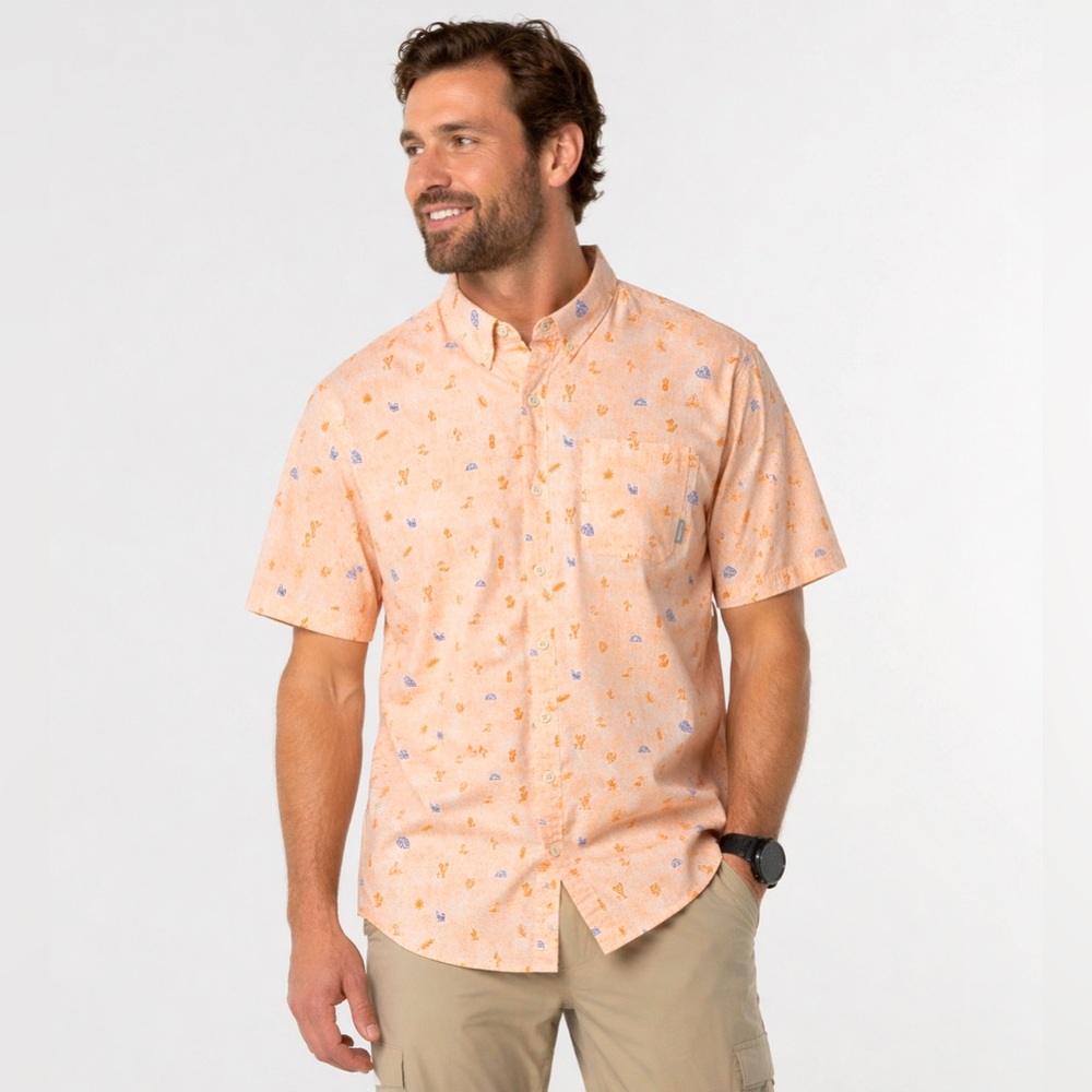 Columbia Button Up Shirt Mens XL Orange Print Short Sleeve Outdoor Casual